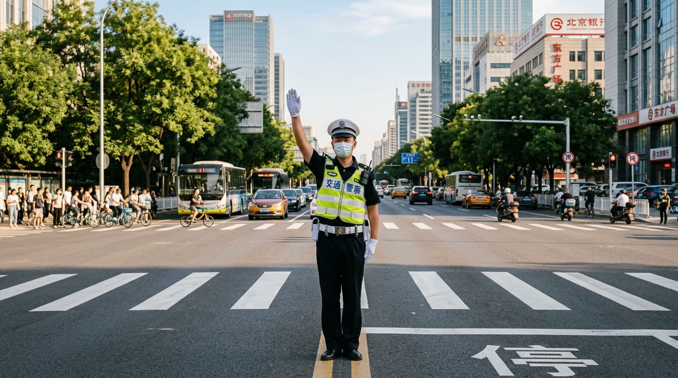 Chinese traffic police officer in uniform directing traffic with hand signals in an urban intersection